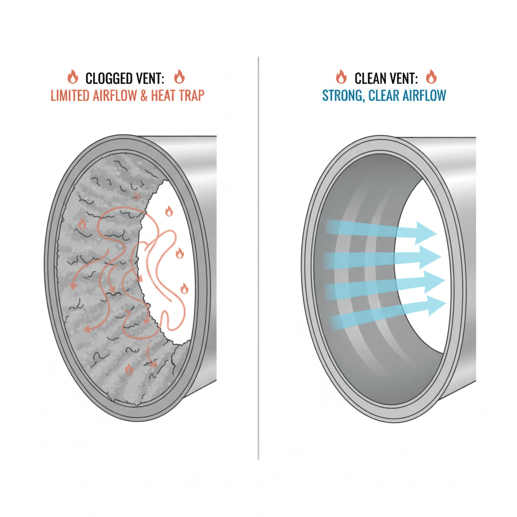 Diagram comparing a clogged dryer vent that traps heat with a clean vent that has strong, clear airflow